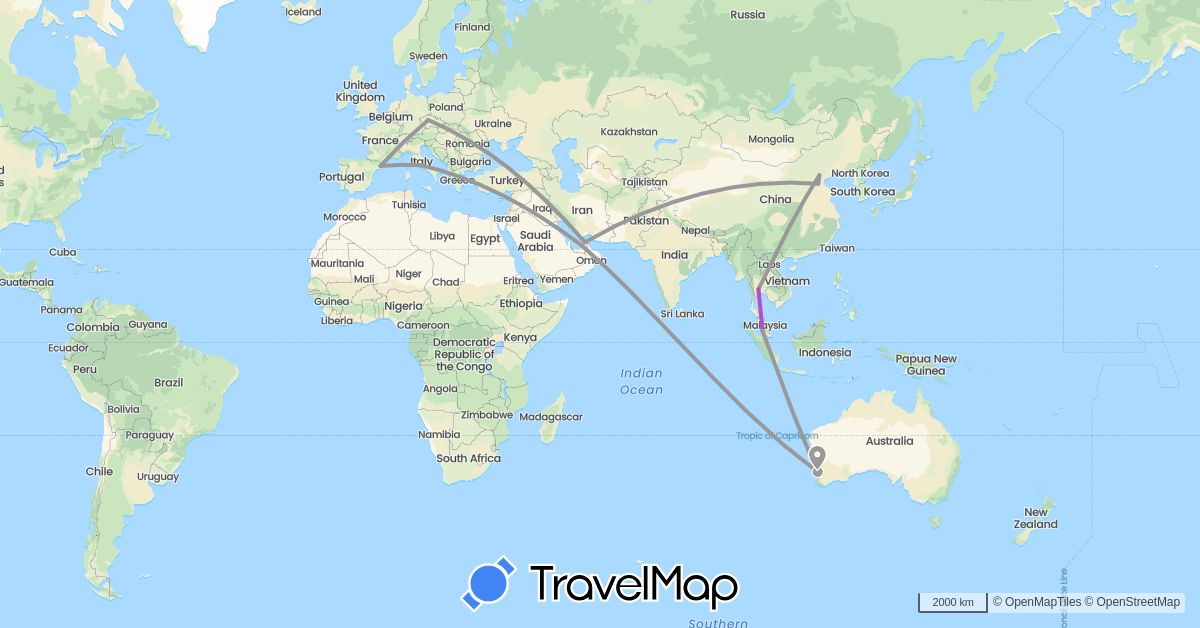 TravelMap itinerary: driving, plane, train in United Arab Emirates, Australia, China, Czech Republic, Spain, Italy, Malaysia, Thailand, Turkey (Asia, Europe, Oceania)